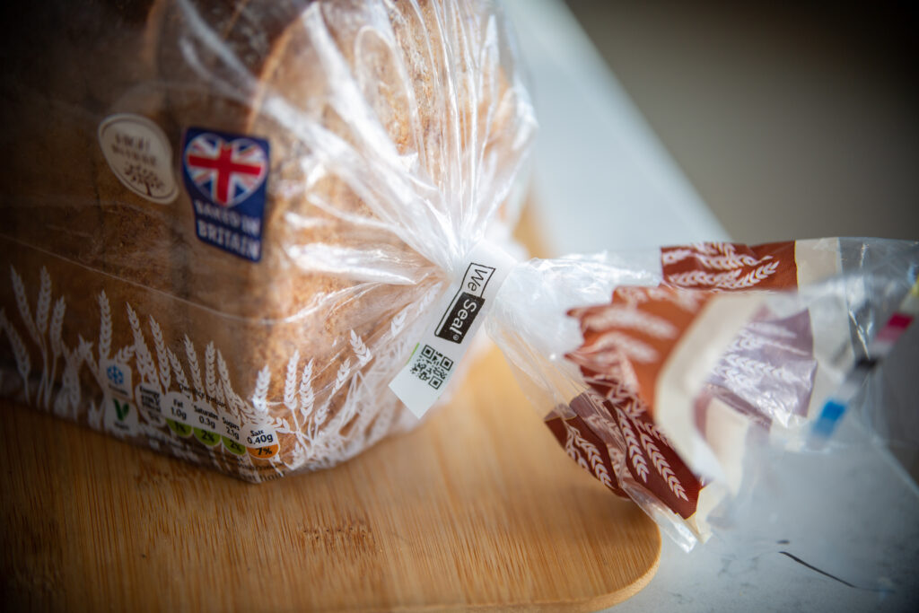 Polythene bread bag with tape seal showing We Seal branding and QR code